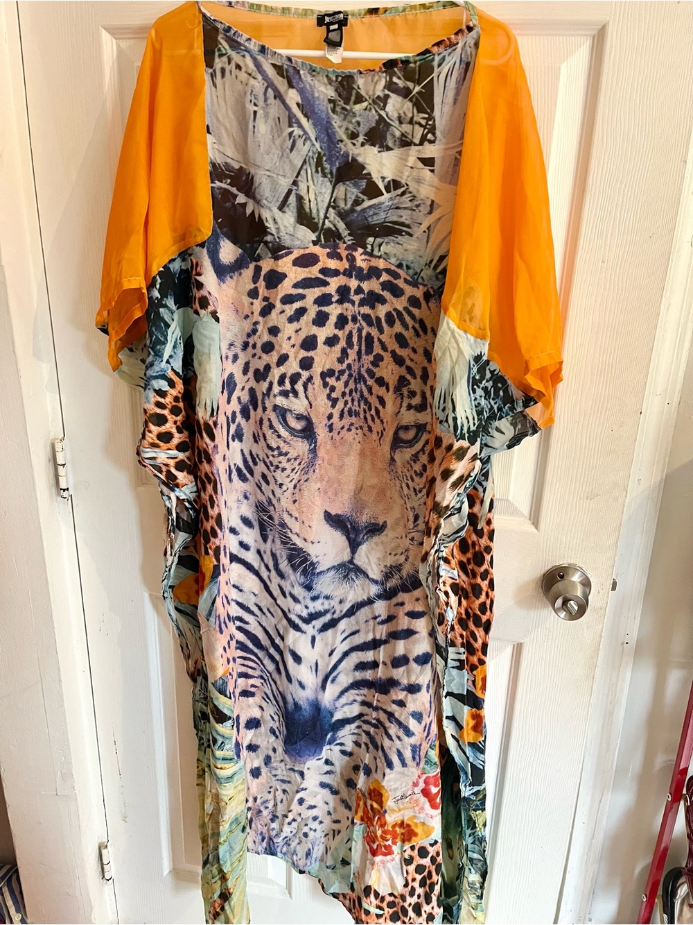 Just Cavalli Orange Leopard Print Kaftan Maxi Dress Swim Beach Coverup